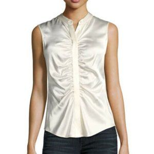 Theory Ivory Ruched Silk Satin Sleeveless Blouse P
